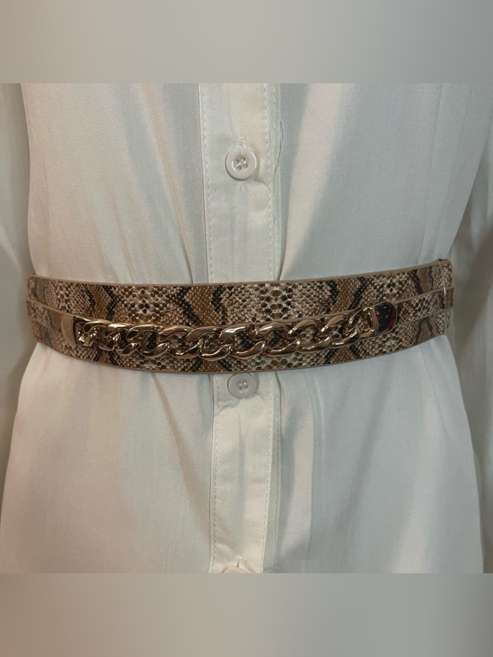 Brown faux leather snake print elastic waistband chained skinny belt